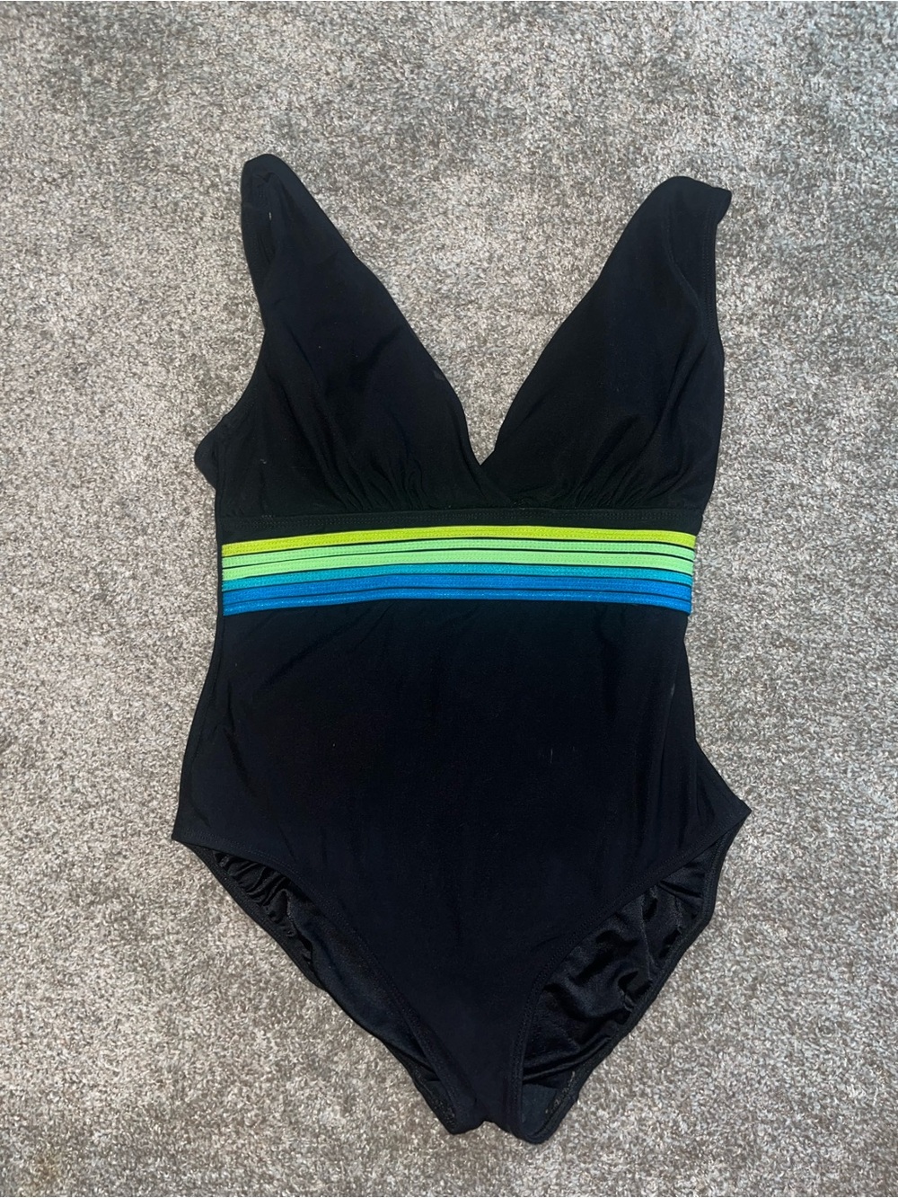 Longitude Black One-Piece Swimsuit with Blue and Green Striped Waistband